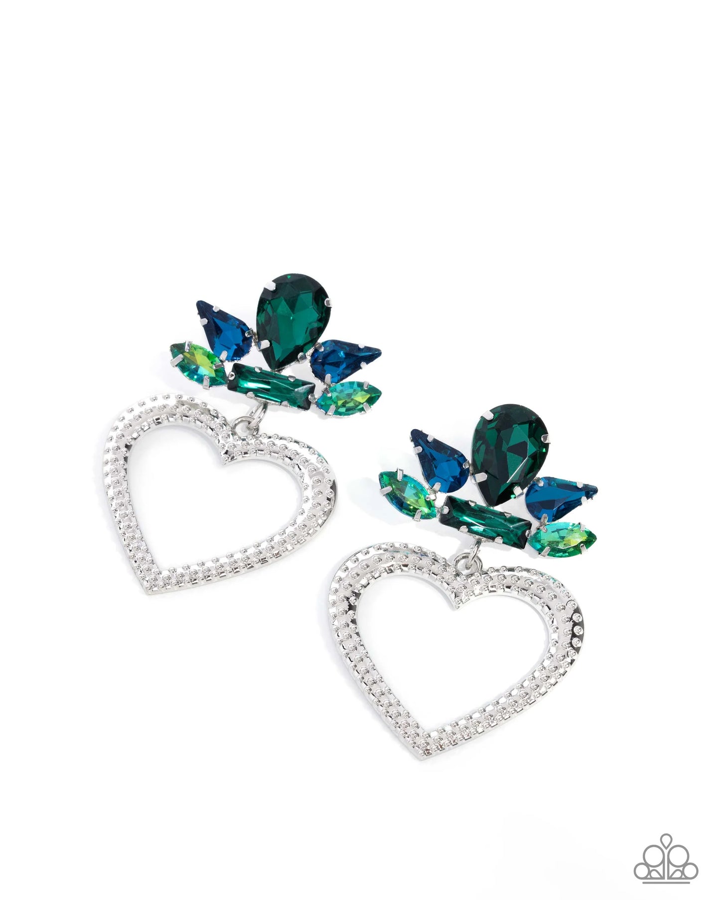 Pushing Perfection - Multicolored Rhinestones & Silver Textured Heart Paparazzi Earrings