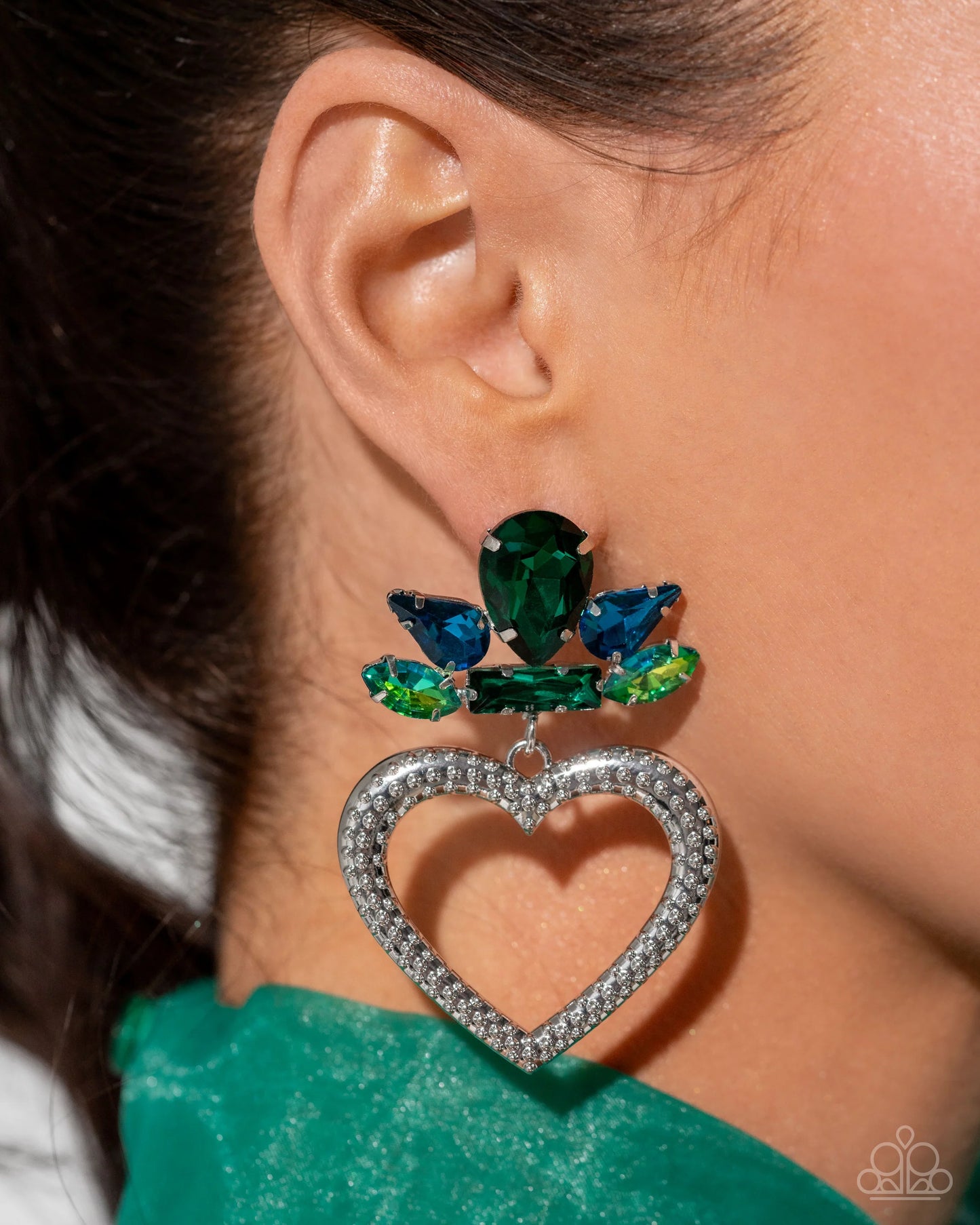 Pushing Perfection - Multicolored Rhinestones & Silver Textured Heart Paparazzi Earrings