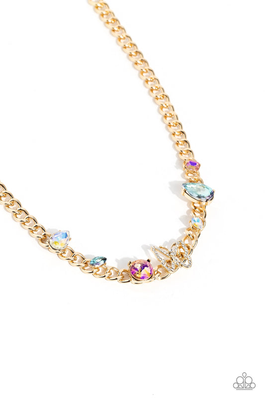 Storybook Succession - Gold Curb Chain/Multicolored Gems/Butterfly Paparazzi Necklace & matching earrings