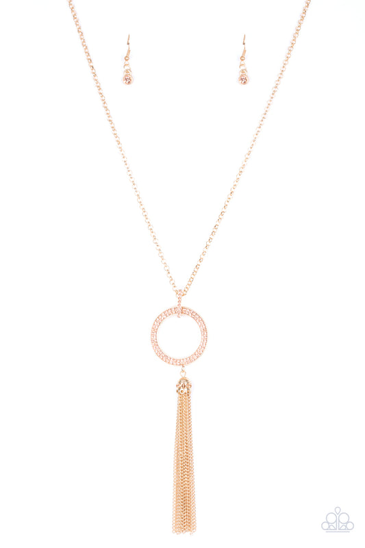 Straight To The Top - Gold Hoop Encrusted in Peach Rhinestones Pendant Necklace & matching earrings