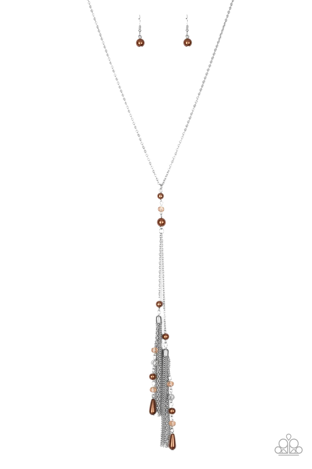 Timeless Tassels - Brown Dainty Pearls & Crystal-Like Beads/Silver Chain Tassels Necklace & matching earrings