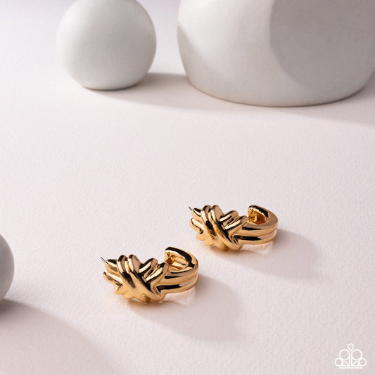 Honor Bound - Gold Crisscrossed Accent Paparazzi Hoop Earrings