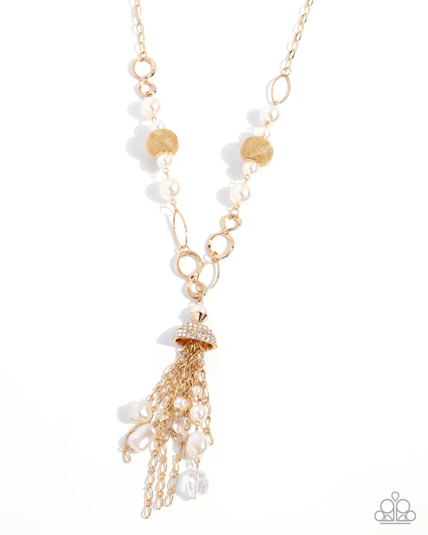 Designated Diva - Gold Chain/Mesh Beads/White Pearls Paparazzi Necklace & matching earrings