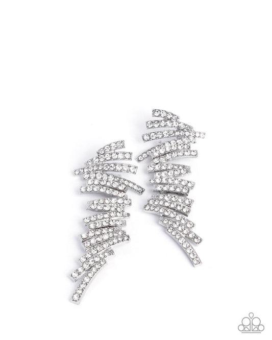 Scattered Surety - White Rhinestone Embellished Silver Bars Paparazzi Earrings