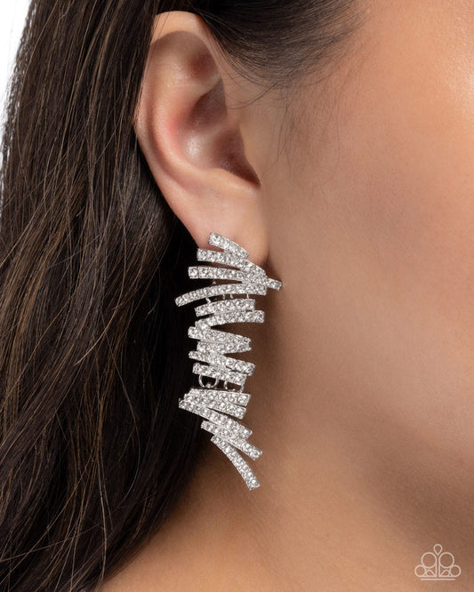 Scattered Surety - White Rhinestone Embellished Silver Bars Paparazzi Earrings