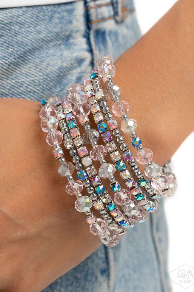 Sizzling Stack - Multicolored Rhinestones/Pink & Silver Beaded Paparazzi Coil Bracelet