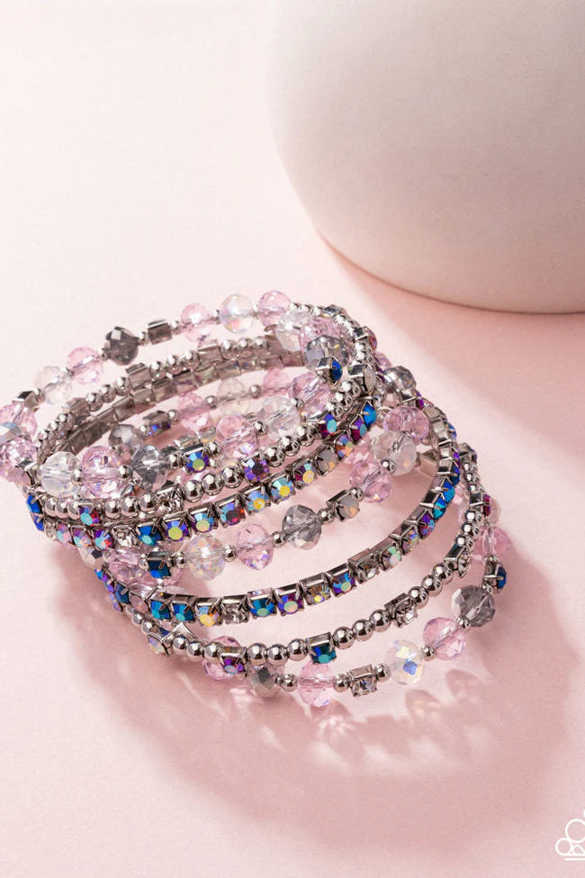 Sizzling Stack - Multicolored Rhinestones/Pink & Silver Beaded Paparazzi Coil Bracelet