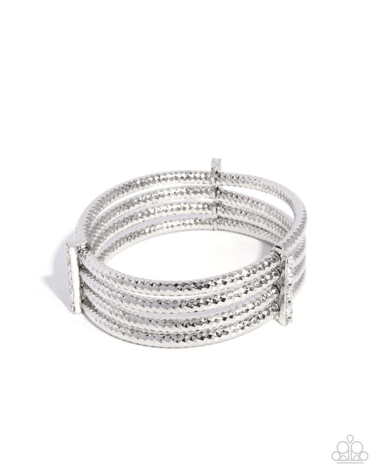 Teeming With Taste - White Rhinestone Fittings/Silver Curved Bars Paparazzi Stretch Bracelet