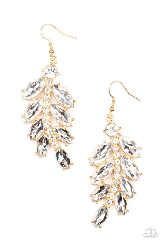 Ice Garden Gala - Gold Fitting & Oversized White Marquise Cut White Rhinestone Paparazzi Earrings