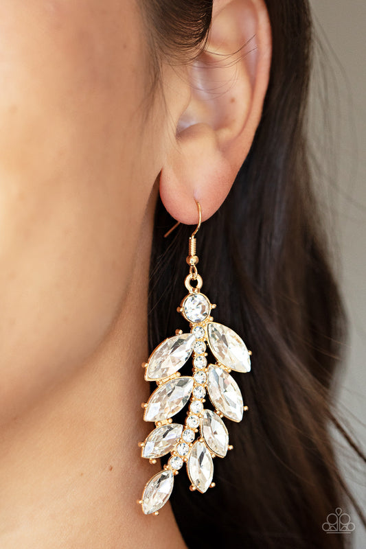 Ice Garden Gala - Gold Fitting & Oversized White Marquise Cut White Rhinestone Paparazzi Earrings