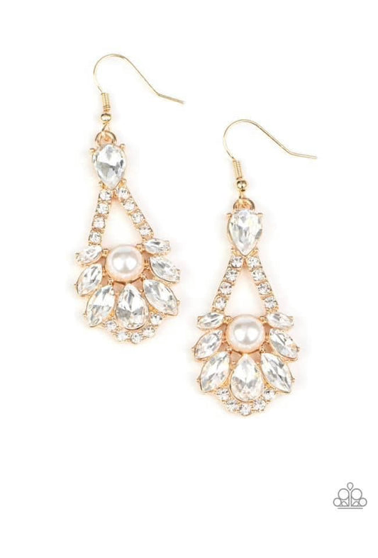 Prismatic Presence - Gold Teardrop Frame/White Rhinestone Encrusted Frame Paparazzi Earrings
