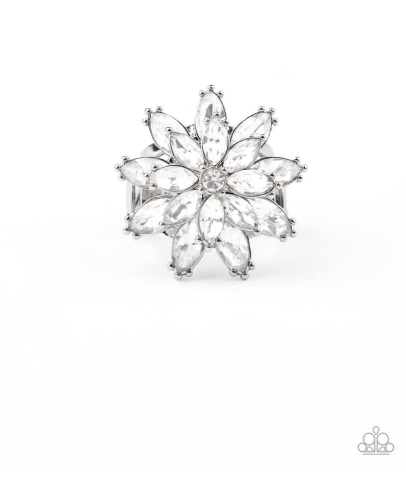 Am I GLEAMing? - White Rhinestone Petal Floral Frame Paparazzi Ring