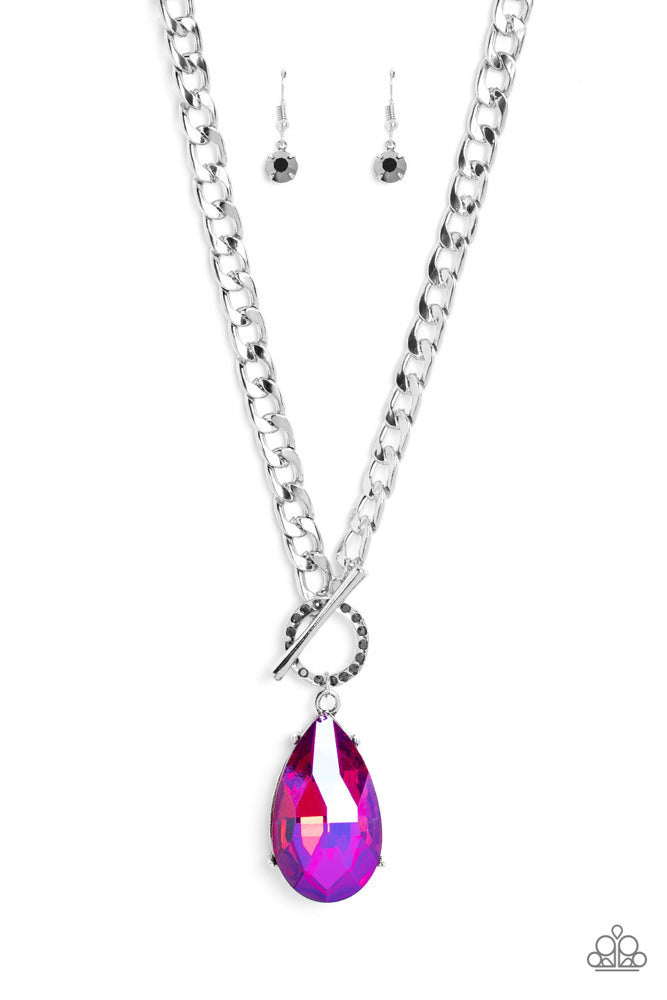 Edgy Exaggeration - Pink Oversized UV Teardrop Pendant Paparazzi Toggle Necklace & matching earrings