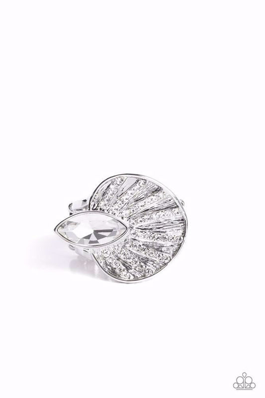 Fan Dance Dazzle - White Gem & White Rhinestone Asymmetrical Disc Paparazzi Ring