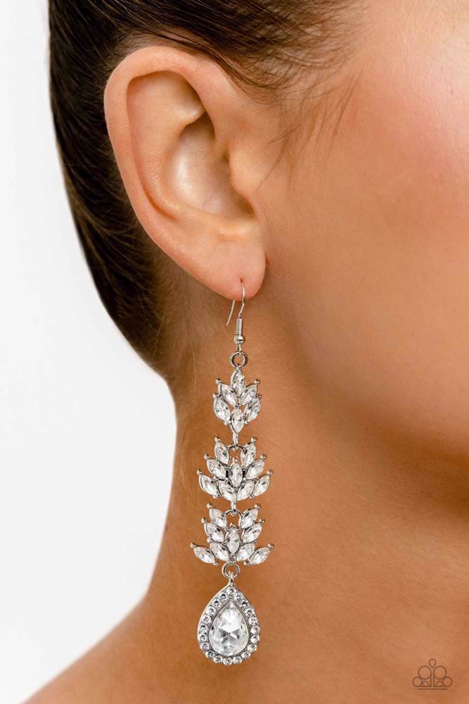 Water Lily Whimsy - White Marquise-Cut Rhinestone Water-Lilly Inspired Paparazzi Earrings