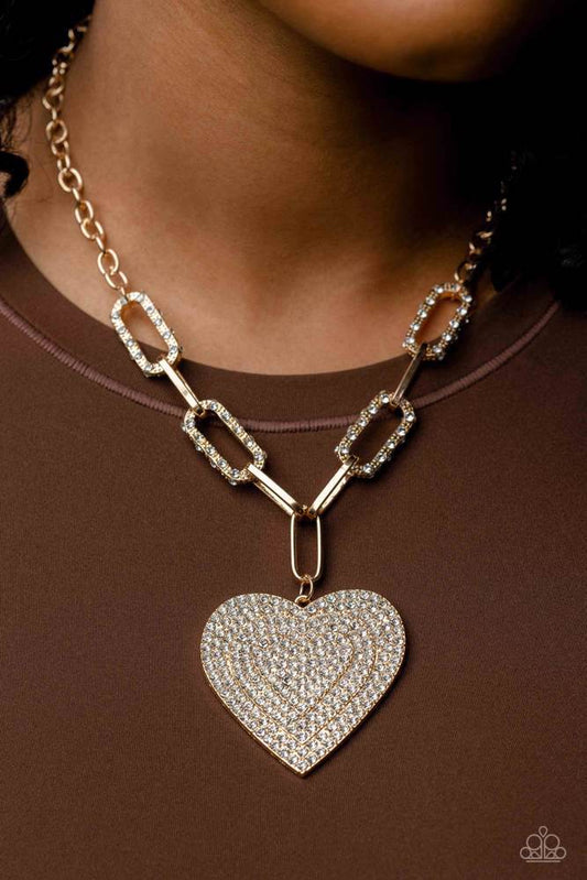 Roadside Romance - Gold Oversized Links/White Rhinestone Encrusted Oversized Gold Heart Paparazzi Necklace