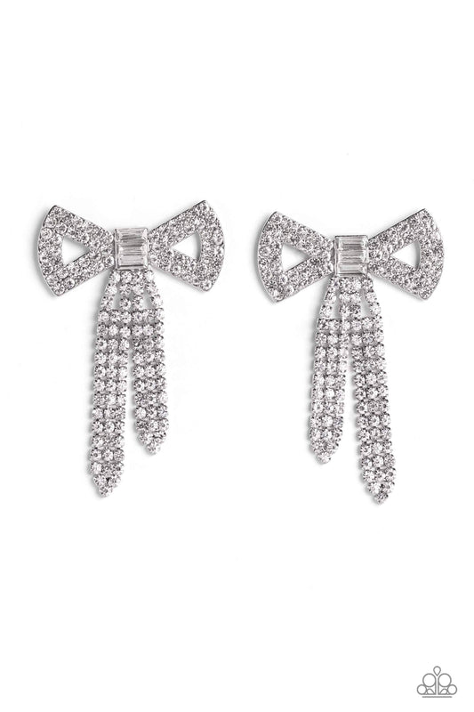 Just BOW With It - White Rhinestone Encrusted Bow Paparazzi Post Earrings