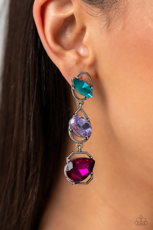 Dimensional Dance - Multi Colored Gems/Geometric Lure Paparazzi Post Earrings