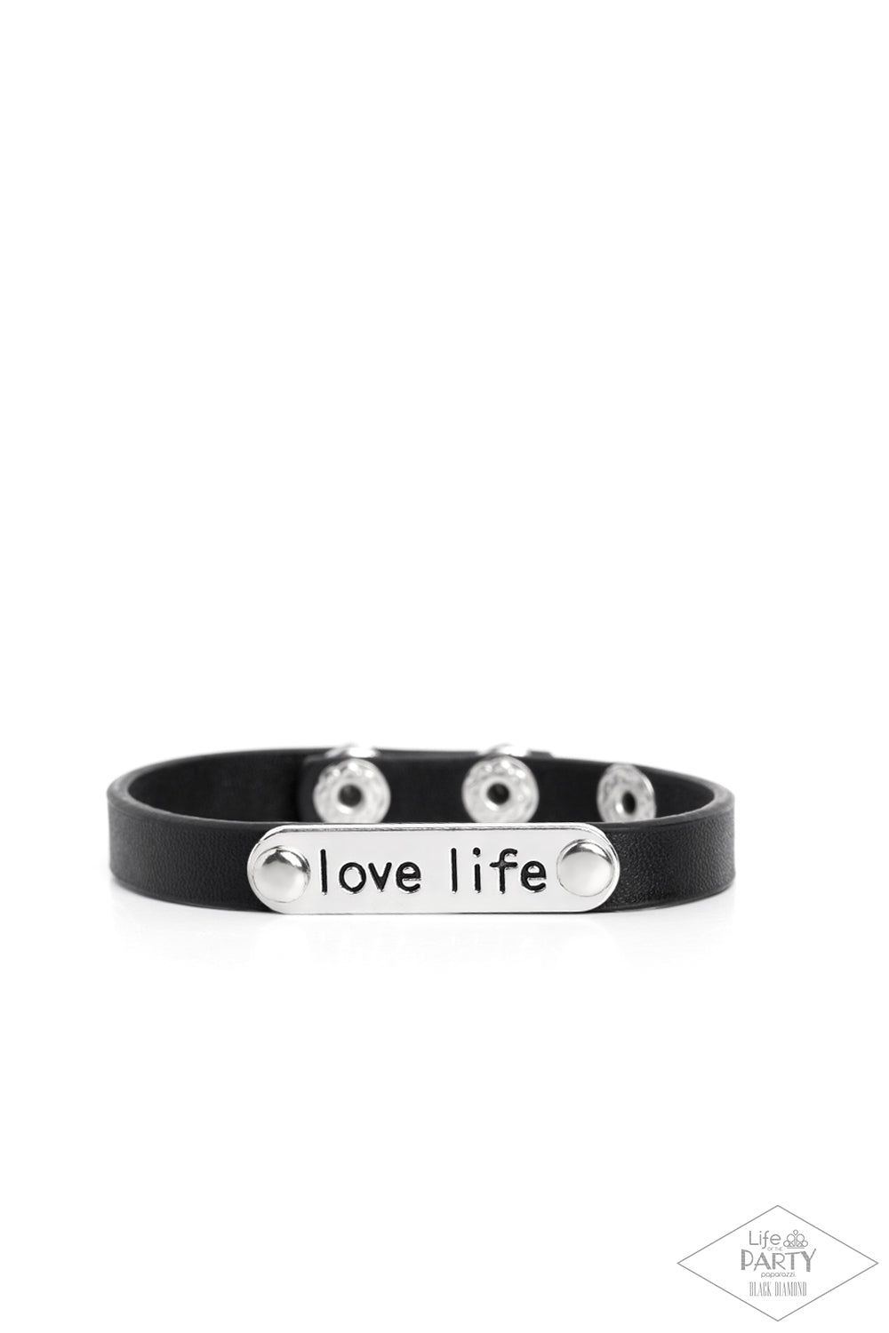 Love Life - Black Leather & "Love Life" Engraved Silver Plate Paparazzi Snap Bracelet