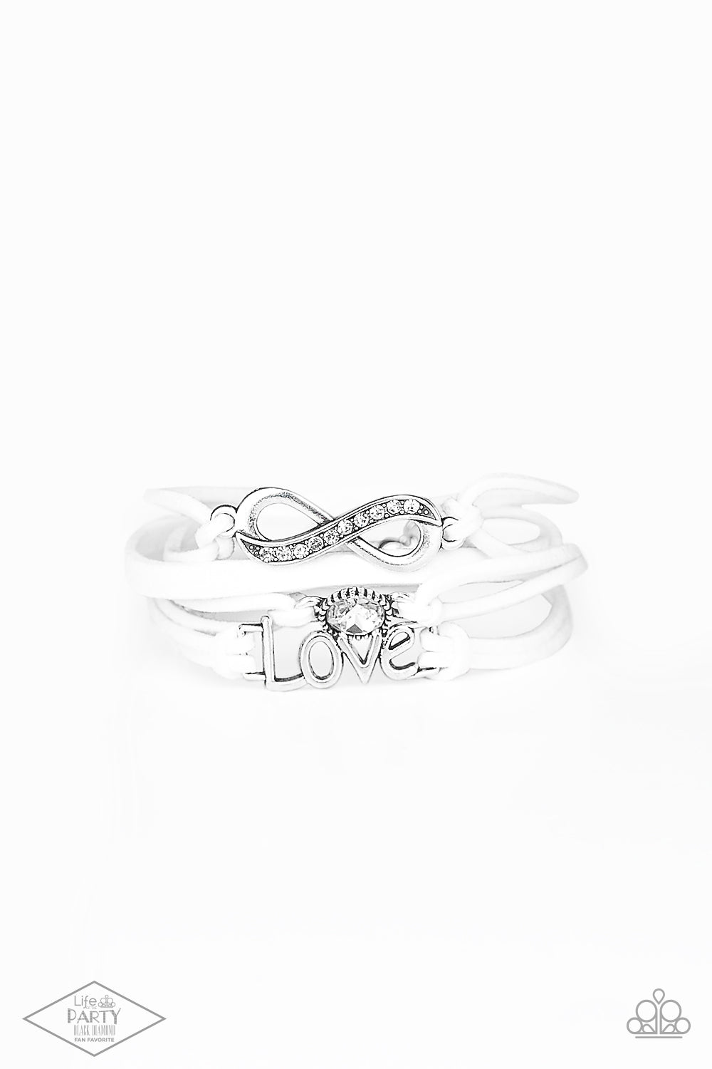 Infinitely Irresistible - White Suede, Infinity Charm, White Rhinestone, & "Love" Charm Paparazzi Adjustable Bracelet