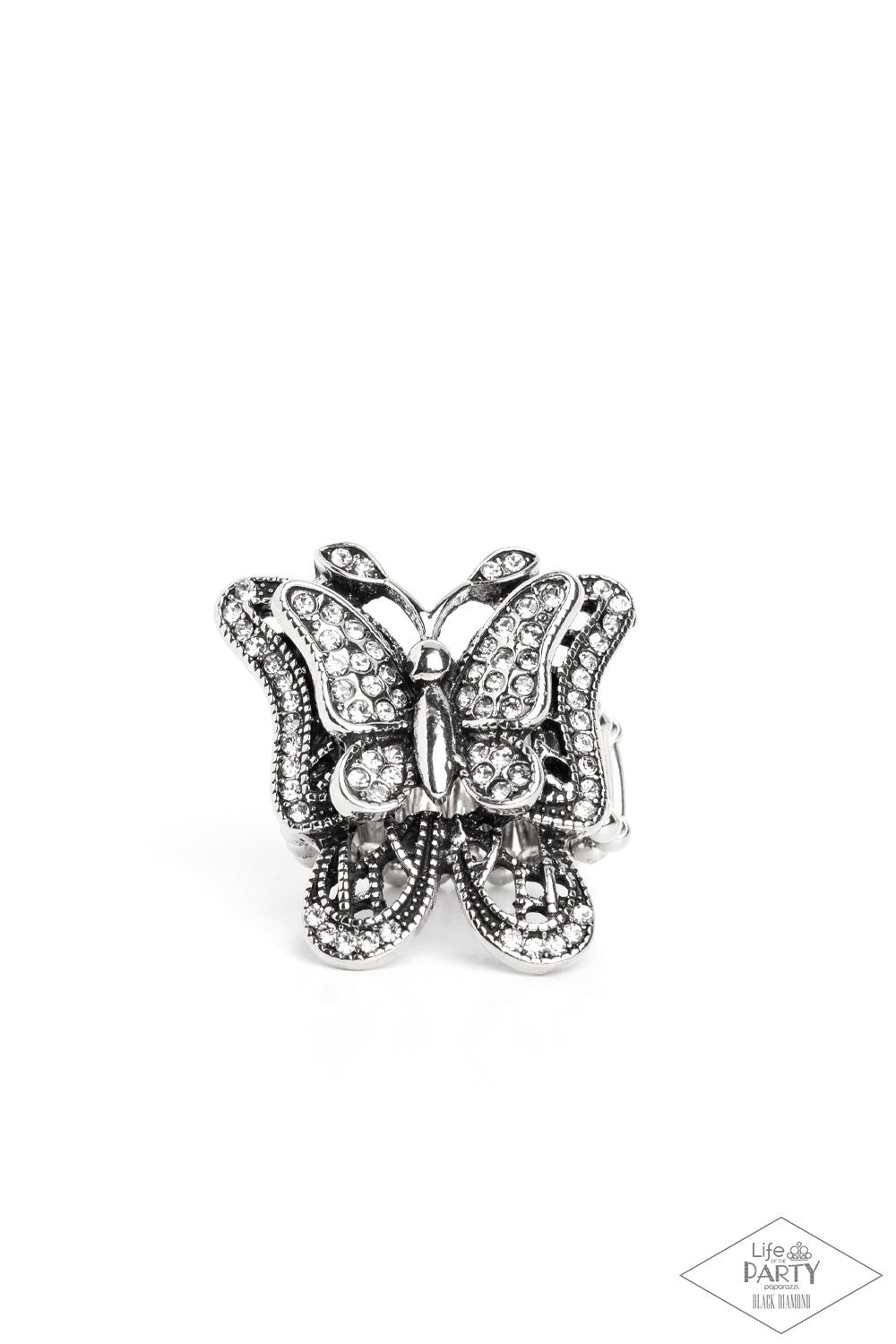 Free To Fly - White Rhinestone Encrusted Silver Butterfly Paparazzi Ring