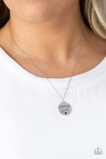American Girl - Red Rhinestone "American Girl" Stamped Pendant Paparazzi Necklace & matching earrings