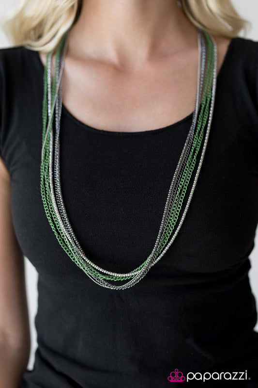 Colorful Calamity - Green Painted Finish Chains Joined with Gunmetal & Silver Chains Necklace & matching earrings