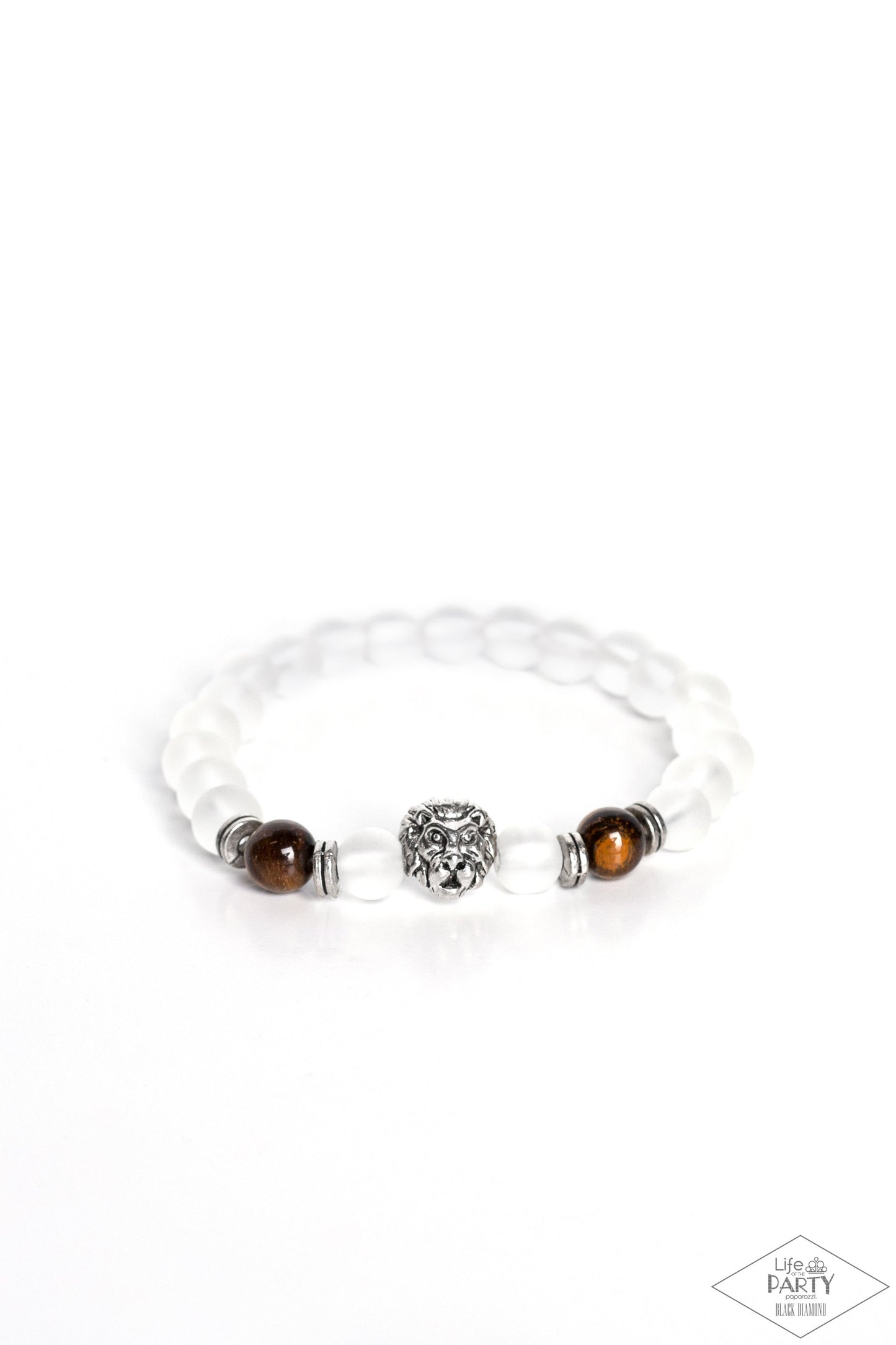 The Lions Share - Brown Tiger's Eye Stone Beads, White Beads, & Silver Lion Charm Paparazzi Stretch Bracelet