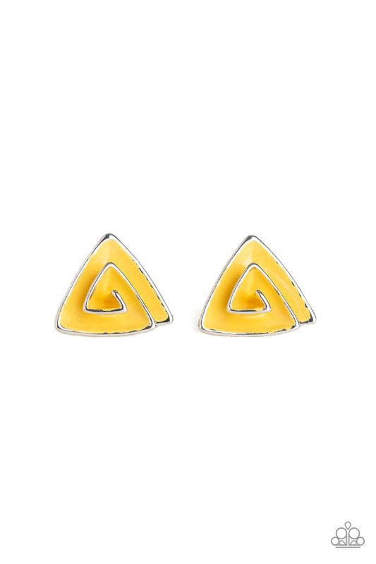 On Blast - Yellow Painted Folded Triangular Silver Frame Post Earrings