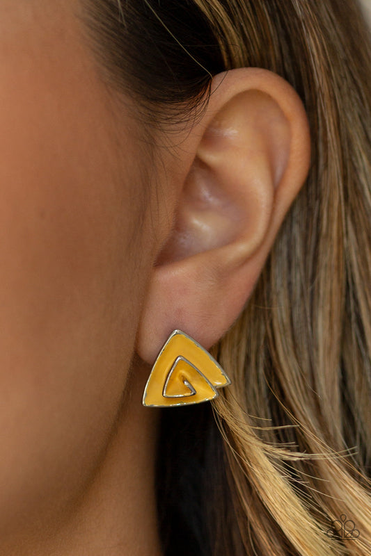 On Blast - Yellow Painted Folded Triangular Silver Frame Post Earrings