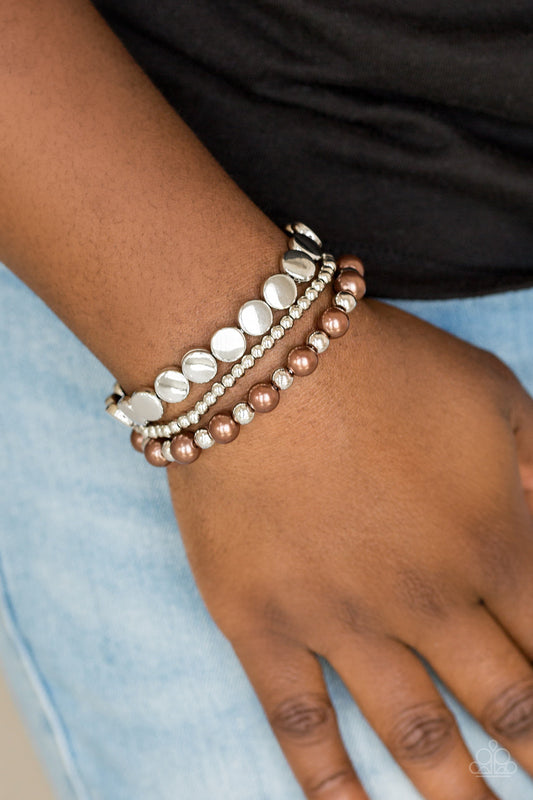 Girly Girl Glamour - Brown Pearl & Silver Beaded Set of 3 Stretch Bracelets