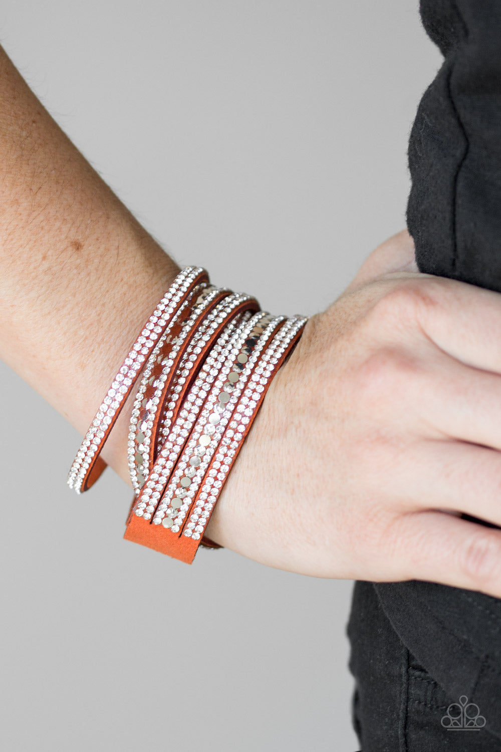 Rock Star Attitude - Orange Suede, White Rhinestones, & Flat Silver Stud Paparazzi Snap Bracelet