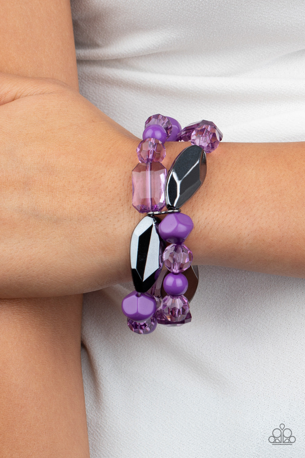 Rockin Rock Candy - Purple & Gunmetal Mismatched Beaded Stretch Bracelet