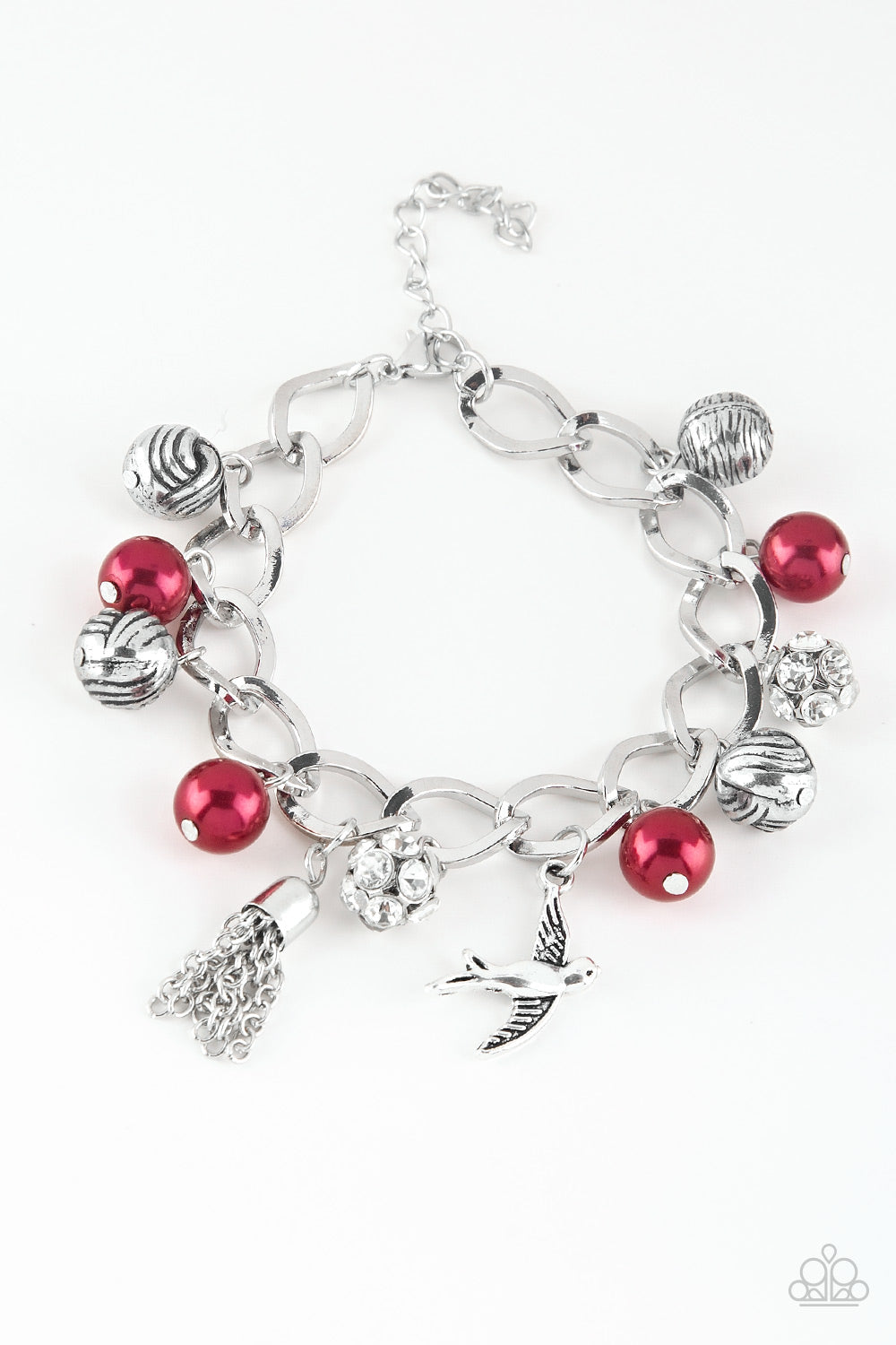 Lady Love Dove - Red Pearls/Silver Beads/White Rhinestone Encrusted Accent/Silver Bird Charm Adjustable Bracelet