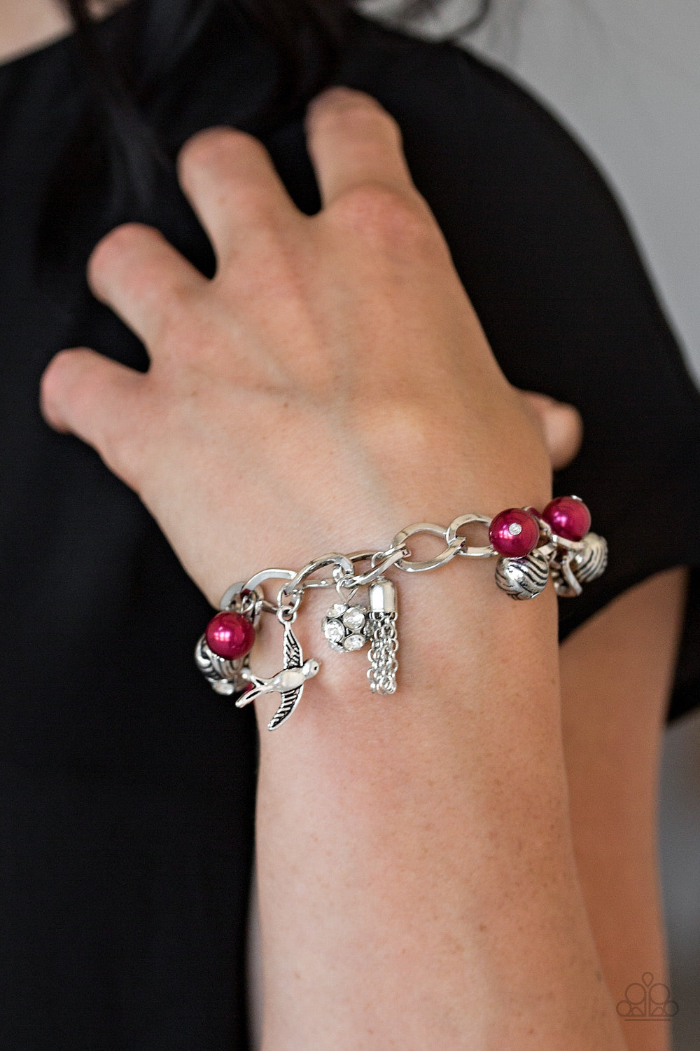 Lady Love Dove - Red Pearls/Silver Beads/White Rhinestone Encrusted Accent/Silver Bird Charm Adjustable Bracelet