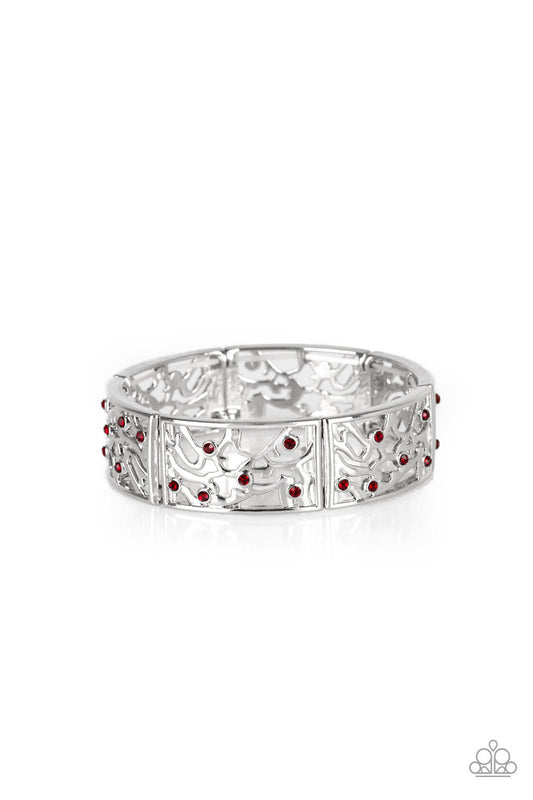 Yours and VINE - Red Dainty Rhinestones/Silver Vine-Like Filigree Stretch Bracelet