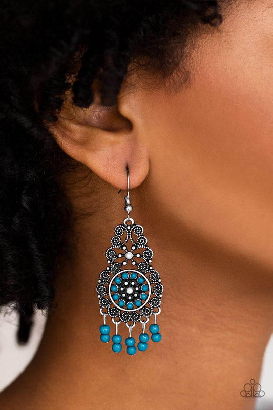 Courageously Congo - Blue & Gray Dainty Beaded Ornate Filigree Detail Silver Frame Earrings