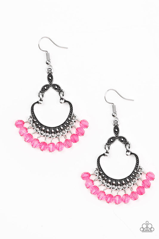 Babe Alert - Pink Faceted Beads/Studded Silver Frame Earrings