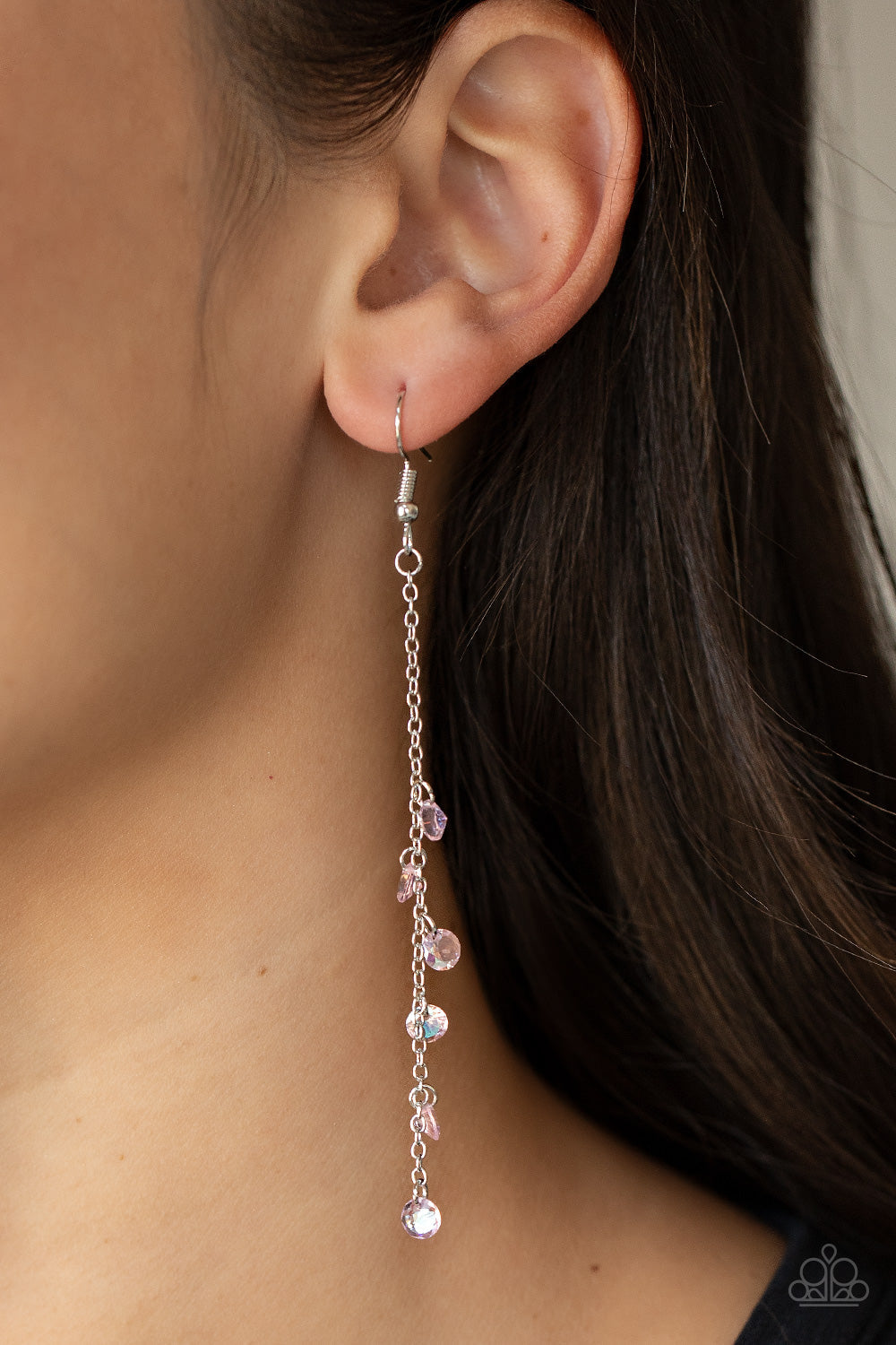 Extended Eloquence - Pink Iridescent Dainty Beaded Silver Chain Tassel Paparazzi Earrings