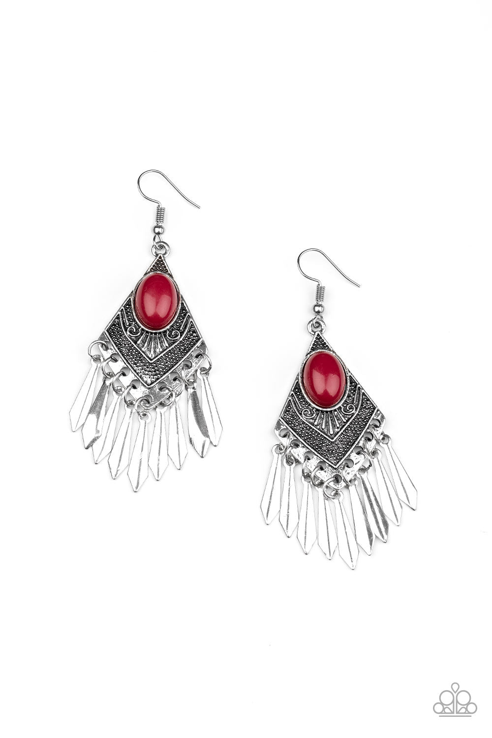 Mostly Monte-ZUMBA - Red Bead/Diamond Shaped Tribal Inspired Frame/Silver Bar Fringe Earrings