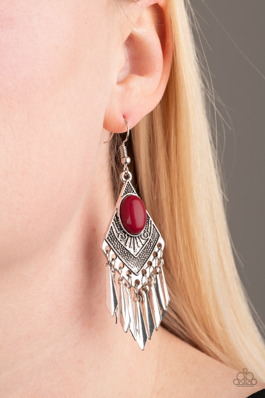 Mostly Monte-ZUMBA - Red Bead/Diamond Shaped Tribal Inspired Frame/Silver Bar Fringe Earrings