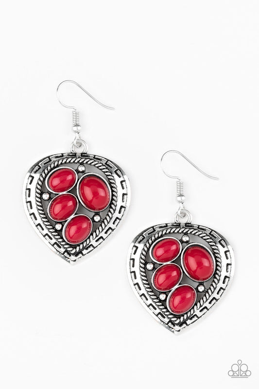 Wild Heart Wonder - Red Beads/Asymmetrical Heart Shaped Frame Earrings