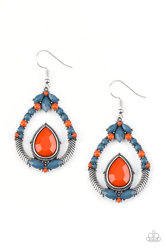 Vogue Voyager - Multi Blue & Orange Bead/Ornate Silver Teardrop Frame Earrings