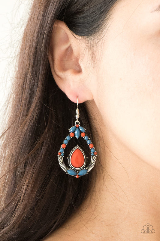 Vogue Voyager - Multi Blue & Orange Bead/Ornate Silver Teardrop Frame Earrings