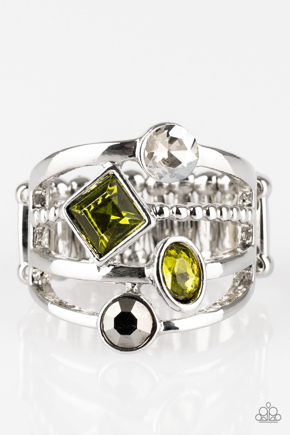 Urban Meditation - Green, White, & Hematite Rhinestone Varying Shapes Paparazzi Ring