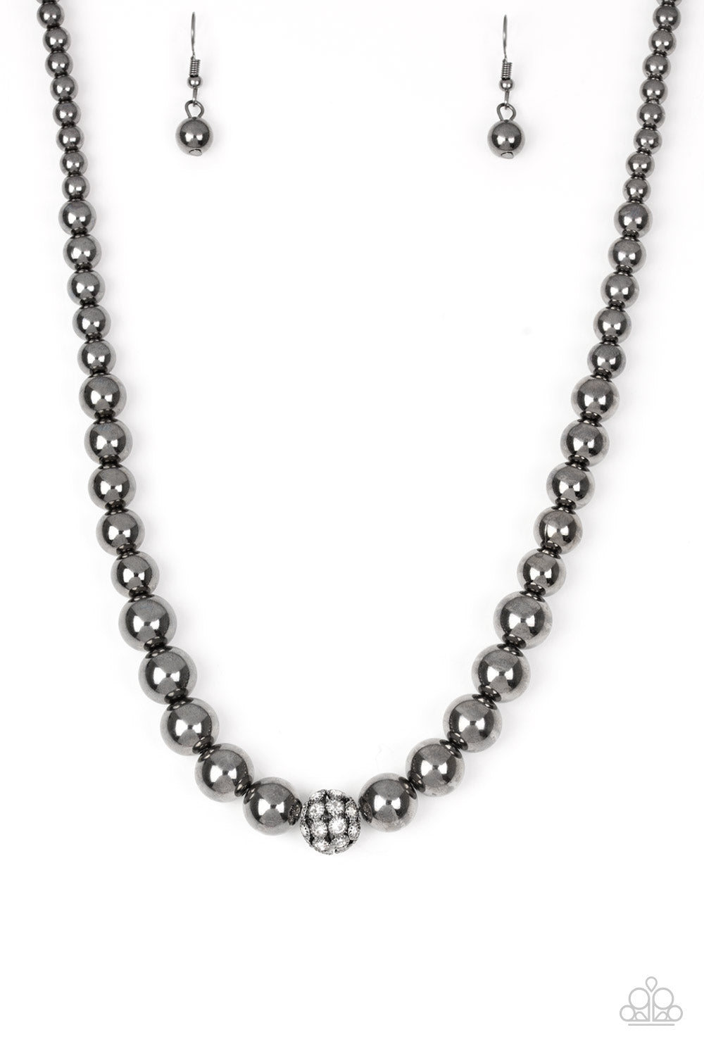 High-Stakes FAME - Gunmetal Beaded Paparazzi Necklace & matching earrings