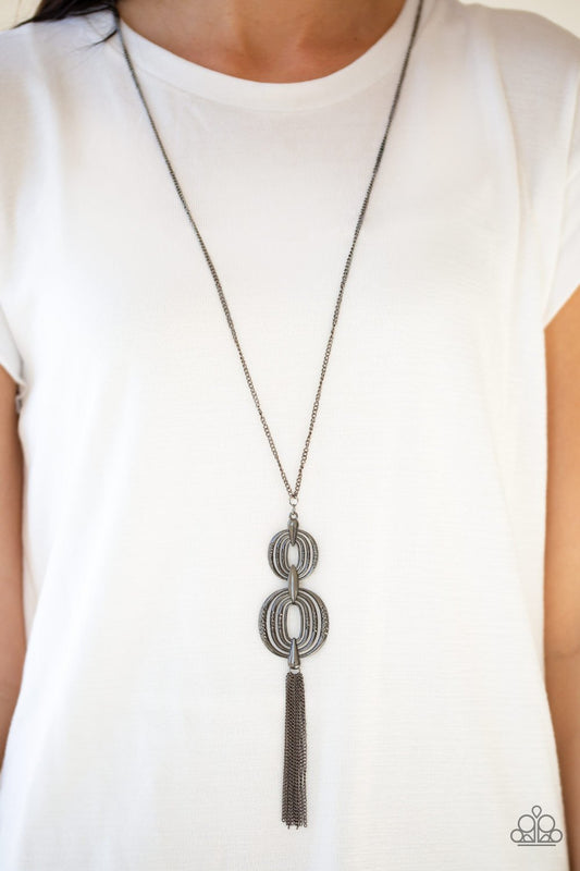 Timelessly Tasseled - Gunmetal Circular Frame Pendant Paparazzi Necklace & matching earrings