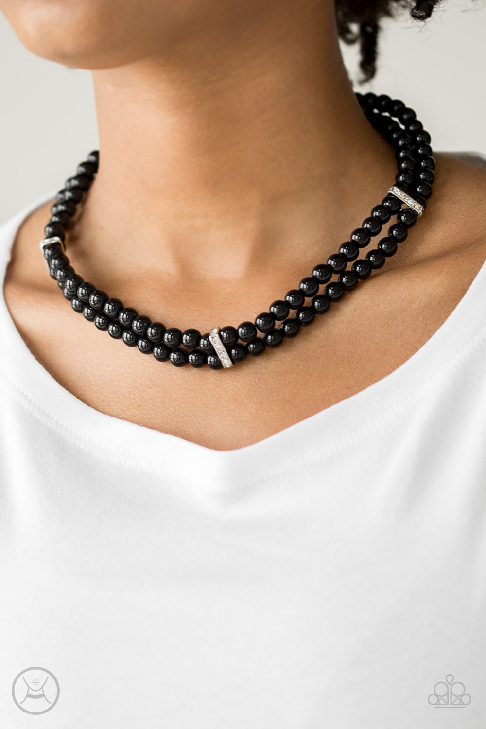 Put On Your Party Dress - Black Beaded/White Whitestone Encrusted Frames Necklace & matching earrings