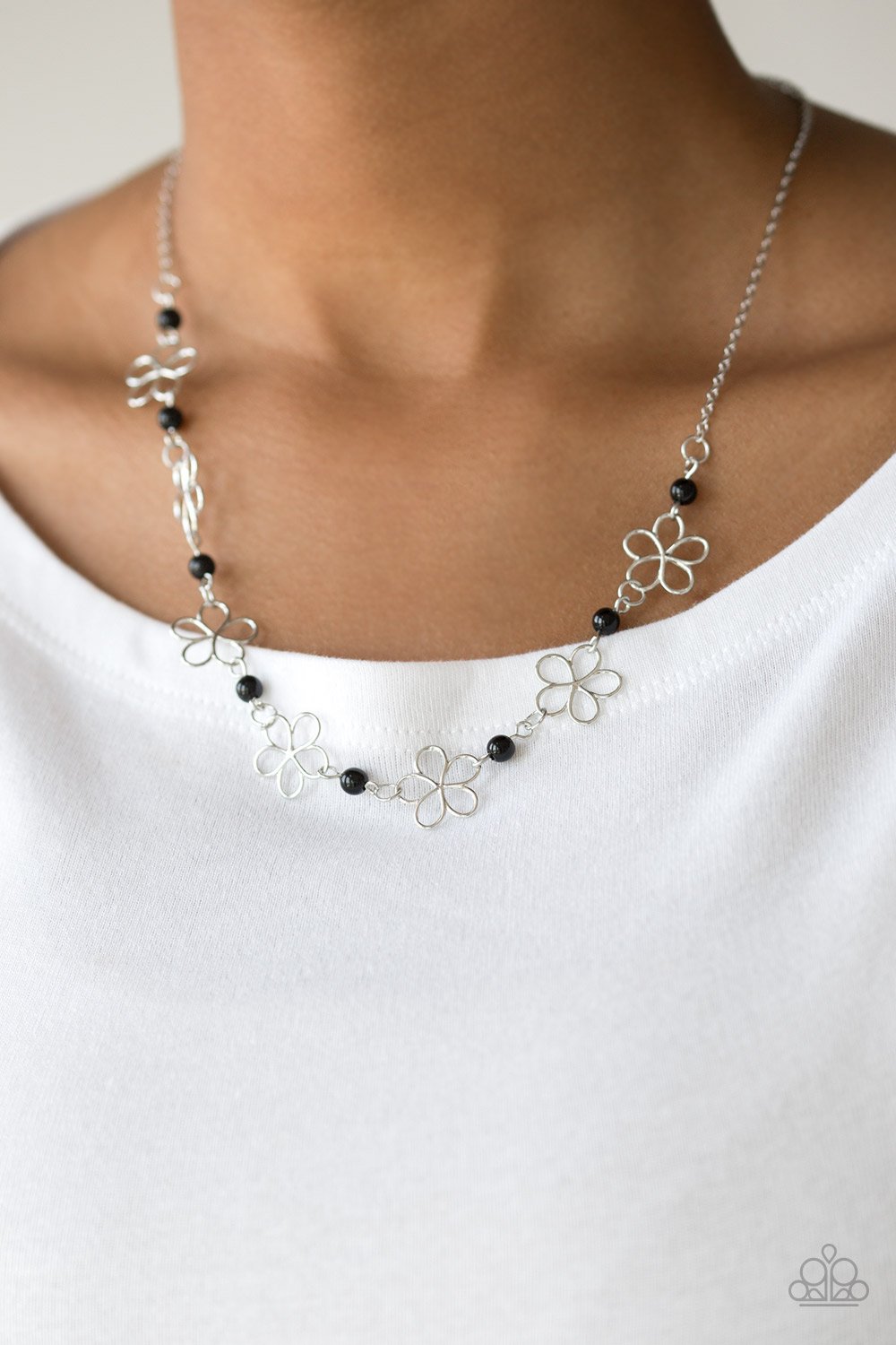 Always Abloom - Black Beaded Floral Frame Paparazzi Necklace & matching earrings