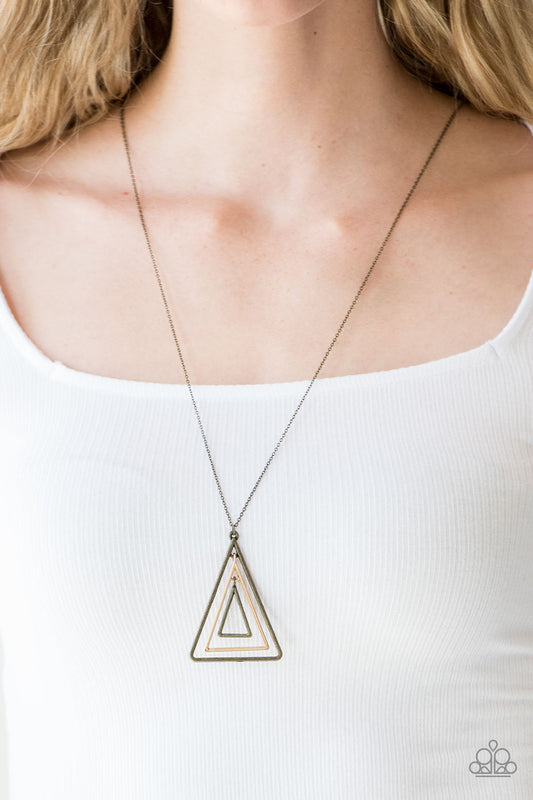 TRI Harder - Brass & Gold Triangular Frame Stacked Pendant Necklace & matching earrings